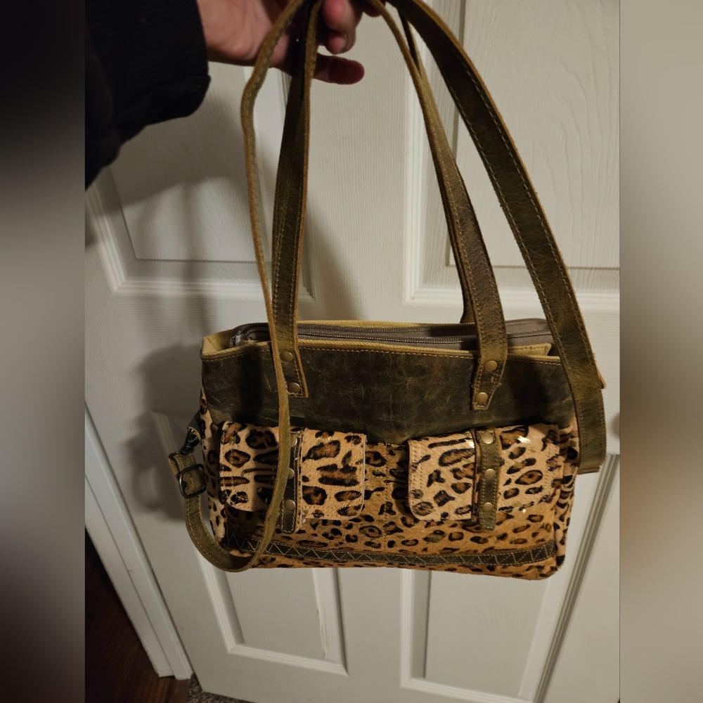 Myra leopard and hair on hide cross body purse... used